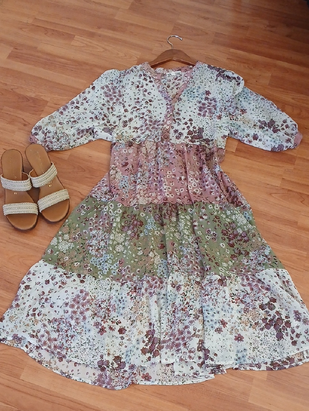 Tiered Floral Midi Dress in Green and Mauve